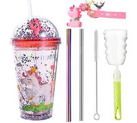 Unicorn Travel Tumbler Mug Pink Cup with Straw Kids Plastic Insulated Glitter Watter Bollter Toddler Ice Coffee Mugs Girl Drinkware (pink unicorn, 6.5 * 20cm)