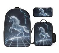 Unicorn White Thundering Mythical Rearing Horse 3 Pieces Set Laptop Backpack Casual Daypack with Lunch Box Pencil Case for Travel