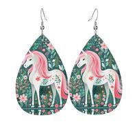 Unicorn with pink hair double-sided printed leather earrings int and shape of water drops, creative, light and novel, bright and vivid colors.