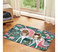 Unicorn with Pink Hair Pet Food Mat 17.2x11.81in Absorbent Non-Slip PU Leather Feeding Mat for Dogs Cats Rubber Bottom Fast Drying Rollable Pet Bowl Placemat