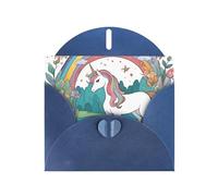 Unicorns By The River Horizontal Holiday Card With Blue Heart Shaped Envelope And Write Various Holiday Greetings