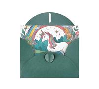 Unicorns By The River Horizontal Holiday Card With Dark Green Heart Shaped Envelope And Write Various Holiday Greetings
