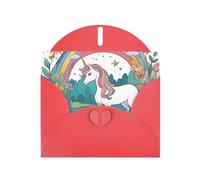 Unicorns By The River Horizontal Holiday Card With Red Heart Shaped Envelope And Write Various Holiday Greetings