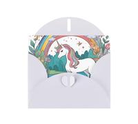 Unicorns By The River Horizontal Holiday Card With White Heart Shaped Envelope And Write Various Holiday Greetings