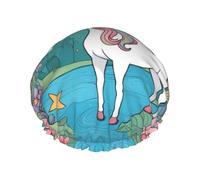 Unicorns by the river Printed shower cap, reusable, specially designed for women's long hair, double-layer structure, suitable for bathing.