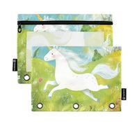 Unicorns Green Meadow Ringing Binder with Clear Window Fabric Pencil case Big Capacity Pockets 3 Hole Punched for Storing School Students Teacher Supplies Multicolored 2 PCS