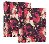 Unicorns Heart Valentines 1-1/2 Inch School Binder Round Ringing with Pocket Cover 1/2 Pack Office Binder Supplies Hardcover