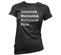 Unicorns Mermaids Rainbows and Pizza Women's T-Shirt - Black 16