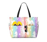 Unicorns On Colorful Stripes Print Beach Travel Bag Smart Pocket Tote Summer Vacation Hiking Camping Outdoor Activity