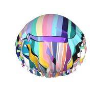 Unicorns On Colorful Stripes Print Shower Cap, Shower Cap for Women Reusable, Waterproof Bath Cap,Quick Drying Bath Hair Cap