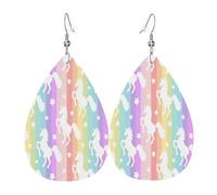 Unicorns On Colorful Stripes Printed Dangle Leather Earrings, Reversible Statement Jewelry with Silver Plated Hooks