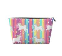 Unicorns On Colorful Stripes Printed Toiletry Bag for Women Girl Portable Travel Cosmetic Bag Leather Makeup Pouch Organizer with Silver Zipper