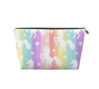 Unicorns On Colorful Stripes Womens Makeup Bag Leather Travel Toiletry Organizer Wash Bag Cosmetic Pouch with Zipper Girls Handbag Gold