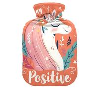 Unicorns Orange Stay Positive hot water bottle with soft cover, 2 l heater bag (script), Bolsa para cólicos menstruales