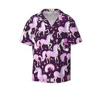 Unicorns Pink Men's Shirts,Classic Hawaiian and Cuban Styles,Casual and Vacation Attire,Men's Button Down Short Sleeve Shirts, Black, L