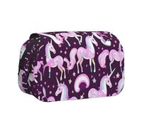 Unicorns Pink Print Double Clamshell Pen Case, Zipper Pockets, Large Capacity For Art Supplies & Travel