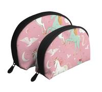 Unicorns Pink Print Shell-Shaped 2-Piece Makeup Bag Set Travel Cosmetic Organiser Stylish Storage for Beauty & Gifts for Women Girls