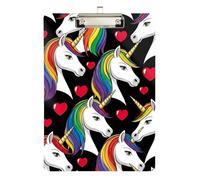 Unicorns Rainbow Black Acrylic Clipboard Cute Clip Board Hardboard Clipboards Standard Size, A4 Letter Size 12.5 x 9 Inches Silver Clip