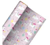 Unicorns & Rainbow Gift Wrapping Paper Roll 3m - Pink Kids Birthday Wrapping Paper 70cm Wide, Recyclable Gift Wrap