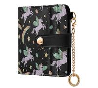 Unicorns Rainbows Black Print Small Women Wallet Leather RFID Blocking Bifold Compact Card Holder with Coin Pocket Zipper Purse for Ladies Women Girls