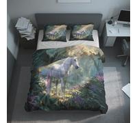 Unicorns Single Duvet Cover Set, Rainbow Forest White Horse Bedding Set 135x200cm, Microfiber Soft Reversible Quilt Cover + 1 Pillowcase, Zipper Closure, Bedroom Decor PZ&S-30