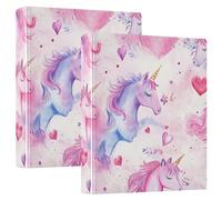 Unicorns Watercolor Heart Valentines 1 and A Half Inch Binders for School Round Ringing with Interior Pockets 1/2 Pack Office Binder Hardcover