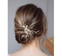 Unicra Bride Wedding Hair Pins Flower Crystal Hair Accessories Leaf Pearl Bridal Headpiece for Women and Girls(Pack of 3) (Gold)