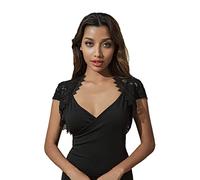 Unicra Evening Lace Bolero Jacket Wedding Short Sleeve Lace Topper Shrugs Prom Crop Top Dress Cape for Women and Bridesmaid Black