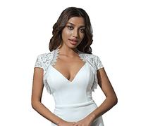 Unicra Evening Lace Bolero Jacket Wedding Short Sleeve Lace Topper Shrugs Prom Crop Top Dress Cape for Women and Bridesmaid White