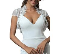 Unicra Evening Lace Bolero Jacket Wedding Shrugs Long Sleeve Lace Topper White Lace Bridal Crop Top Dress Cape for Women and Bridesmaid（XXL，46）
