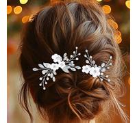 Unicra Flower Bride Wedding Hair Pins Silver Rhinestone Hair Accessories Pearl Leaf Bridal Headpiece for Women and Bridesmaid(Pack of 2)