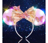 Unicra Light Up Mouse Ear Headband Bow LED Headpiece Butterfly Festival Hair Accessories for Women (Champagne, One Size)