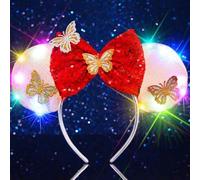 Unicra Light Up Mouse Ear Headband Bow LED Headpiece Butterfly Festival Hair Accessories for Women (Red, One Size)