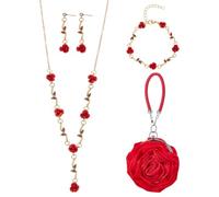 UNICRAFTALE 1 Set 4Pcs Red Rose Jewelry Sets Red Flower Necklace Earrings Bracelet for Women Rose Clutch Handbag Gold Plated Jewelry Sets for Wedding Party Christmas Mother's Day Gifts