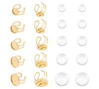 UNICRAFTALE 10 Sets DIY Cuff Ring Making Kit Golden Round Open Cuff Ring Bezel Tray 18mm 201 Stainless Steel Blank Dome Cabochon Ring Bases with Glass Cabochons Domes Set for Ring Making