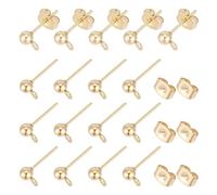 UNICRAFTALE 100pcs(50 Pairs) 4mm Stainless Steel Stud Earrings Ear Stud Components Gold Plated Ball Post Earrings with Loop Ear Studs Jewelry Findings for Earring Making DIY 15x7mm