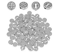 UNICRAFTALE 100Pcs Cross Saint Spacer Beads Benedict Beads 9.5mm Diameter Flat Round Catholic Charm Spacers Double-Sided Catholic Antique Silver Medal Bead for Necklace Bracelet Jewelry Making