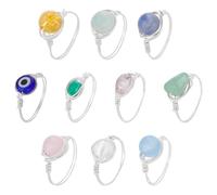 UNICRAFTALE 10Pcs 10 Styles Sliver Chakra Crystal Rings Gemstone Rings Copper Wire Wrapped Ring Irregular Colorful Gem Ring for Women