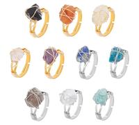UNICRAFTALE 10Pcs Chakra Crystal Rings Adjustable Gemstone Rings Copper Wire Wrapped Ring Irregular Adjustable Ring for Women Jewelry (Platinum and Gold)