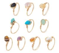 UNICRAFTALE 10Pcs Real 18K Gold Plated Light Gold Chakra Crystal Rings 10 Styles Gemstone Rings Copper Wire Wrapped Ring Irregular Colorful Gem Ring for Women
