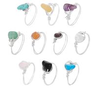 UNICRAFTALE 10Pcs Sliver Chakra Crystal Rings 10 Styles Gemstone Rings Copper Wire Wrapped Ring Irregular Colorful Gem Ring for Women