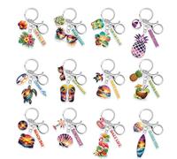 UNICRAFTALE 12Pcs 12 Styles Acrylic Keychain Set Summer Beach Mini Keyrings Sea Turtle Flip Flop Shell Bulk Party Favors Birthday Gifts for Summer Tropical Hawaiian Pool Party Supplies 50x30mm