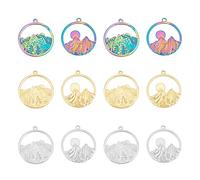 UNICRAFTALE 12Pcs 25mm 3 Colors 2 Styles Stainless Steel Flat Round Mountain Range Pendants Sun Charms Forest Pendant Rainbow Hollow Charm For Climbers, Nature Lovers