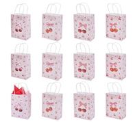 UNICRAFTALE 12Pcs Cherry Gift Bags with Tissue Paper Pink Bow Paper Bags with Handles Cute Candy Cake Bag Grocery Shopping Bag for Wedding Birthday Valentine's Day Mother's Day 21x16x8.1cm