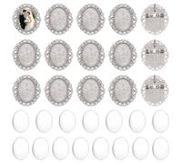 UNICRAFTALE 15 Sets Antique Sliver Pin Brooch Cabochon Setting Vintage Brooch Tray Oval Cabochon Bezel Setting with Pin Back Bridal Photo Charm for Wedding Graduation Decoration Tray 25x18mm