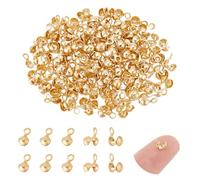 UNICRAFTALE 150Pcs 24K Gold Plated Bead Tips Clamshell Crimp Beads 3mm Fold-Over Clamshell Crimp Tips Metal Bead Know Cover Open Beads End Cap Knot for Jewelry Making Hole 1.2mm