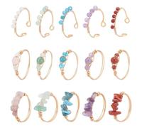 UNICRAFTALE 15pcs Chakra Crystal Stone Ring 3 Styles Golden Irregular Nature Gemestone Rings Wire Wrapped Colorful Threading Beads Luncky Stone Jewelry for Women Diameter 18~18.5mm