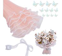 UNICRAFTALE 2 Set 4 Yards/Set Pink Flower Wrapping Mesh Paper Pearl Edge Bouquet Floral Packaging Wrinkled Wrapping Paper Organza Ribbons and Butterflies for Valentine's Day Mother's Day