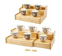 UNICRAFTALE 2-Tier Expandable Wood Mug Holder for Countertop Expandable Step Water Cup Shelf Organizer Burlywood Rectangle Adjustable Countertops Storage Rack for Kitchen Countertop 30.4x22.5x11.5cm