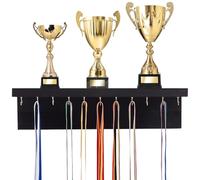 UNICRAFTALE 24 Hook Medal Holder Display Wooden Trophy Shelf Organizer Wall Mounted Rack Storage Stand for Gymnastics Running Soccer Medals Bibs Matte Black 40.5x10cm